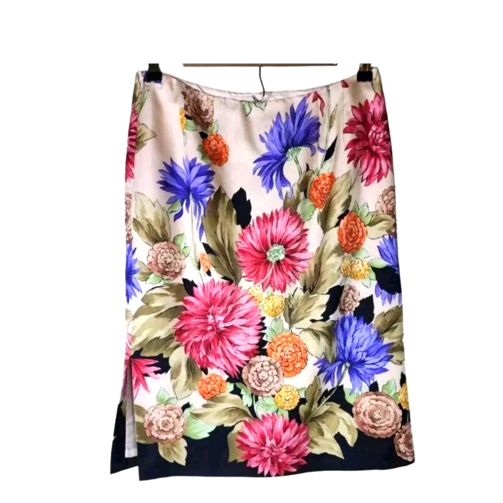 TALBOTS Red Blue Tan Floral VINTAGE Silk Wool Blend Lightweight Skirt SZ 8P